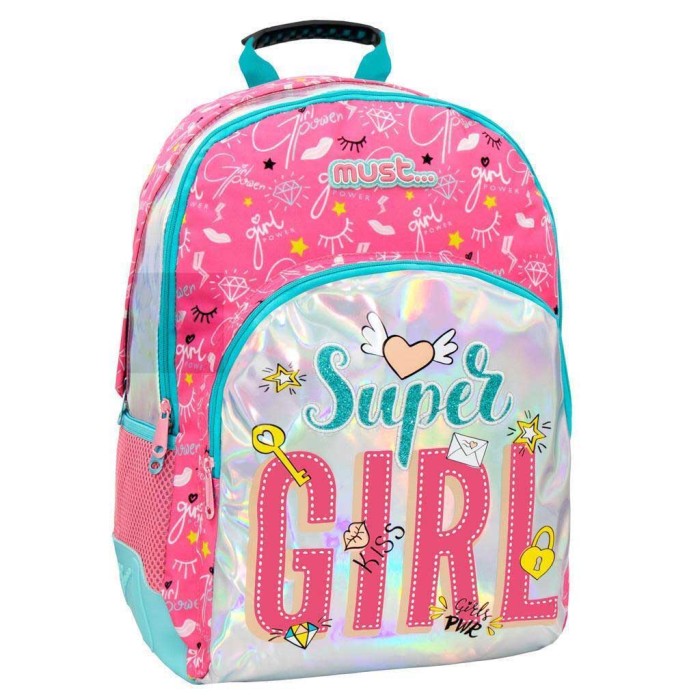 Must Energy Super Girl με 3 Θήκες Σχολική Τσάντα Πλάτης Δημοτικού σε Ροζ χρώμα Μ33 x Π16 x Υ45εκ